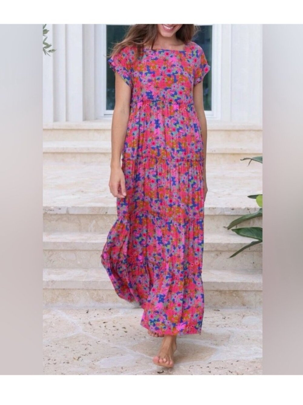 Natural Life Berkley Floral Tiered Maxi Dress Pink Blue Boho Rayon Size L - Picture 1 of 7